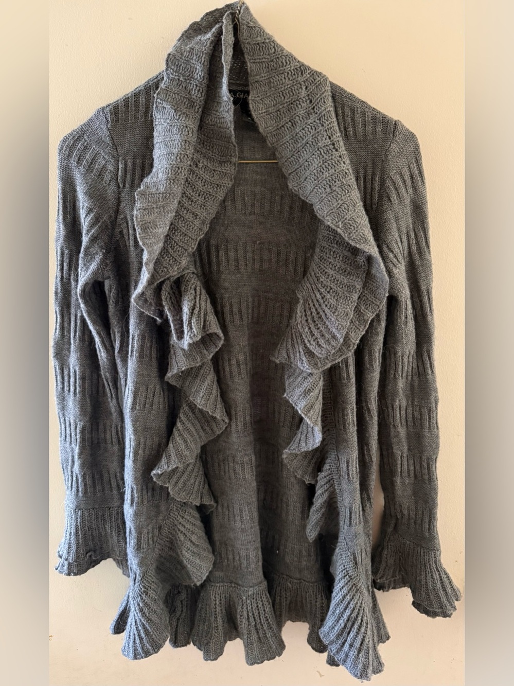 A. Giannetti Gray Ruffled Open-Front Cardigan